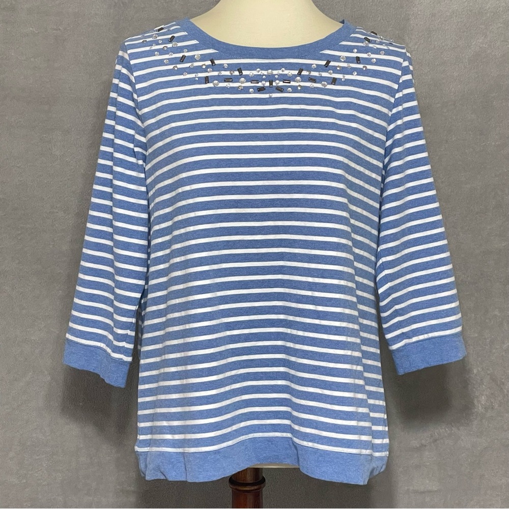 Chico’s Weekends Blue White Striped Embellished 3/4 Sleeve Top Size 2